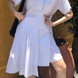 Pleated Paneled Mini Shirt Dress