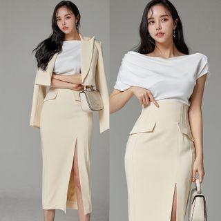 Set: Short-sleeve Top + Cropped Blazer + Midi Pencil Skirt