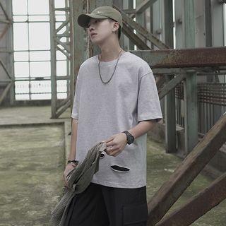 Elbow-sleeve Plain Cutout T-shirt