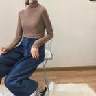 Plain Slim-fit Turtle-neck Long-sleeve T-shirt