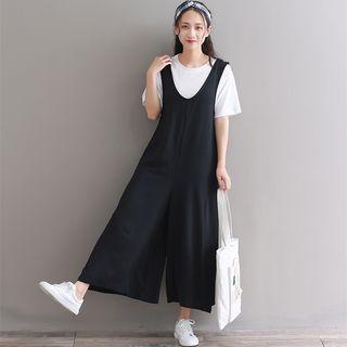 Set: Short-sleeve T-shirt + Plain Wide-leg Jumpsuit