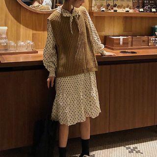 Dotted Long-sleeve A-line Dress / Crew-neck Chunky Knit Vest