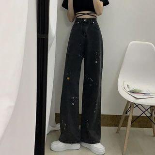 High Waist Splatter Print Wide Leg Jeans