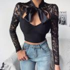 Long-sleeve Lace Panel Bow Crop Top