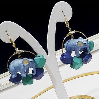 Wooden Elephant & Bead Hoop Earring Blue & Green - One Size