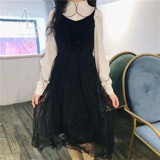 Mesh Overlay Midi Velvet Pinafore Dress