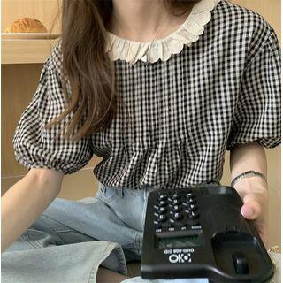 Puff-sleeve Contrast Trim Plaid Shirt Black & White - One Size