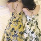Spaghetti Strap Pineapple Print A-line Midi Dress