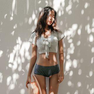Set: Short-sleeve Swim Top + Bikini Bottoms + Shorts