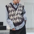 Argyle Patterned Sleeveless Knit Top / Plain Shirt