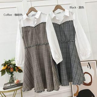 Mock Two-piece Long-sleeve Plaid Paneled A-line Mini Dress