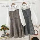 Mock Two-piece Long-sleeve Plaid Paneled A-line Mini Dress
