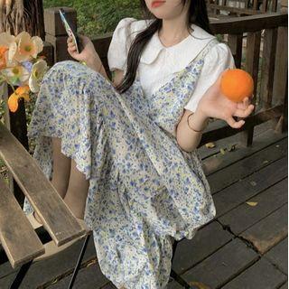 Spaghetti Strap Floral Midi A-line Dress / Plain Blouse