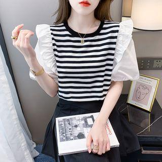 Puff-sleeve Striped Panel Ruffle Blouse