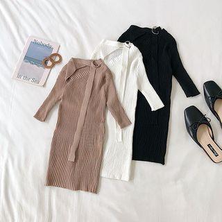 Tie-neck Cutout Long-sleeve Knit Dress