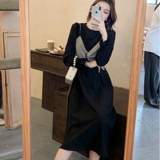 Set: Long-sleeve Plain A-line Dress + Plaid Cropped Camisole Top
