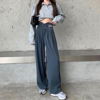 Plain Loose-fit Sweatshirt / High Waist Plain Wide Leg Pants
