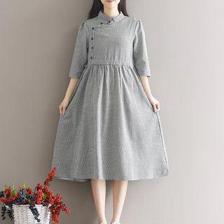 Elbow-sleeve Asymmetric Shirred Midi Dress