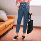 Striped Short-sleeve Asymmetrical T-shirt / Paperbag Waist Jeans