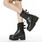 Platform Block Heel Buckled Mid Calf Boots