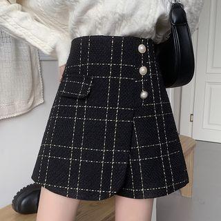 Plaid Faux Pearl Button-up Mini Skort