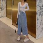Slit Midi Denim Dungaree Dress