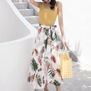 Set: Tank Top + Leaf Print A-line Midi Skirt