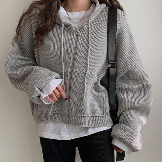 Rib-knit Oversized Zip-up Hoodie