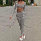Set: Long-sleeve Scoop-neck Crop Top + Sweatpants