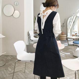 Belted-side Midi Pinafore Dress Navy Blue - One Size
