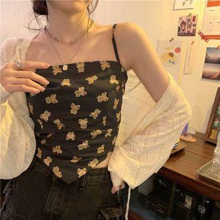 Bear Print Cropped Camisole Top / Plain Cardigan