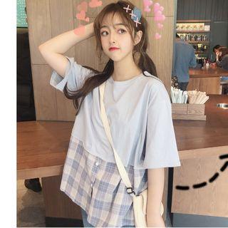Elbow-sleeve Plaid Paneled T-shirt