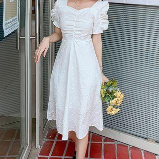 Puff Short Sleeve Ruched Midi Dress