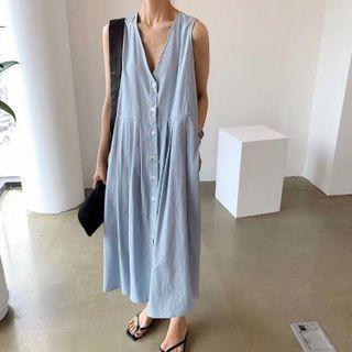 Sleeveless V-neck Plain Button-up Pleated Maxi Dress