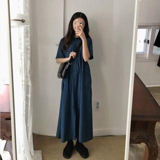 Elbow-sleeve Midi Shirtdress Blue - One Size