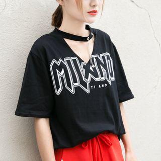 Elbow-sleeve Choker Neck Letter T-shirt