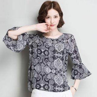 Bell-sleeve Print Chiffon Blouse