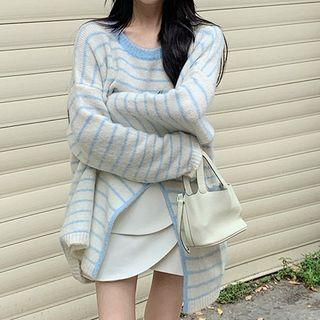 Slit Striped Mohair Sweater / Mini A-line Skirt