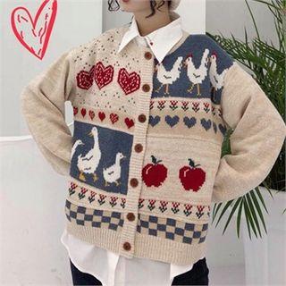 Drop-shoulder Printed Cardigan Beige - One Size
