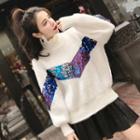 Sequined Mock Neck Sweater White - One Size