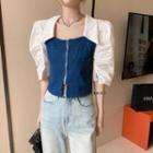 Puff-sleeve Paneled Denim Zip-up Blouse Paneled - Blue & White - One Size