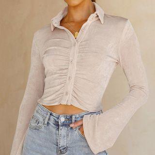 Long Sleeve Velvet Crop Shirt