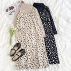 V-neck Floral Printed Spaghetti-strap Dress / Long-sleeve Plain  High-neck Knit Top