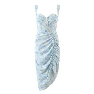 Wide Strap Floral Midi Bodycon Dress