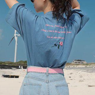 Elbow-sleeve Rose Print T-shirt Rose - Blue - One Size