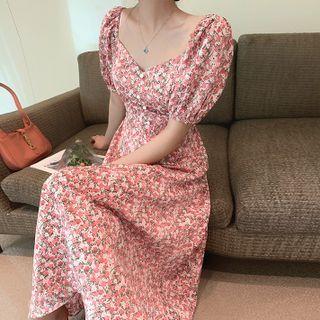 Short-sleeve Floral Print Chiffon V-neck Dress