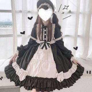 Long-sleeve Ruffled Bow A-line Dress / Bonnet Hat / Set