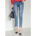 Two-tone Ripped Washed Tapered Jeans
