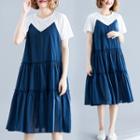 Mock Two-piece Short-sleeve Ruffled A-line Dress Blue - One Size
