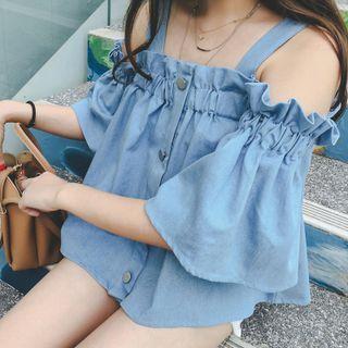 Bell-sleeve Cold-shoulder Blouse Sky Blue - One Size